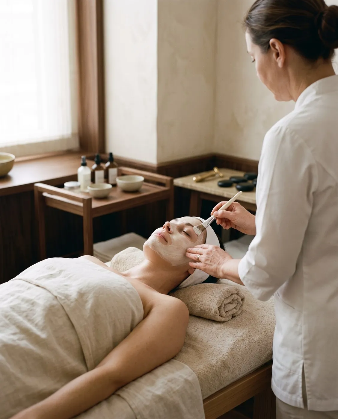 Cosmetóloga aplicando un tratamiento facial en cabina
